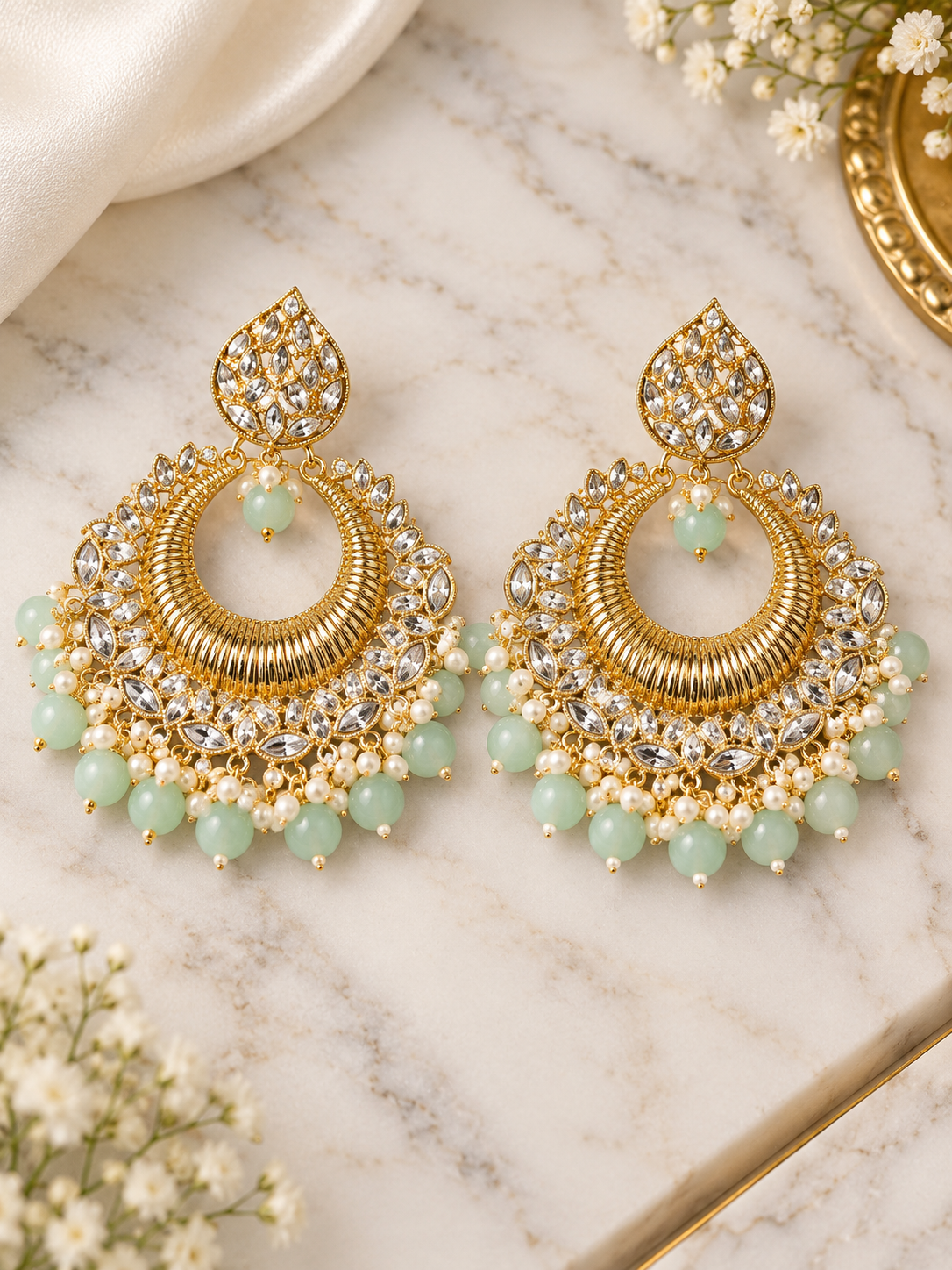 Mint Green & Gold Pearl Jhumka Earrings