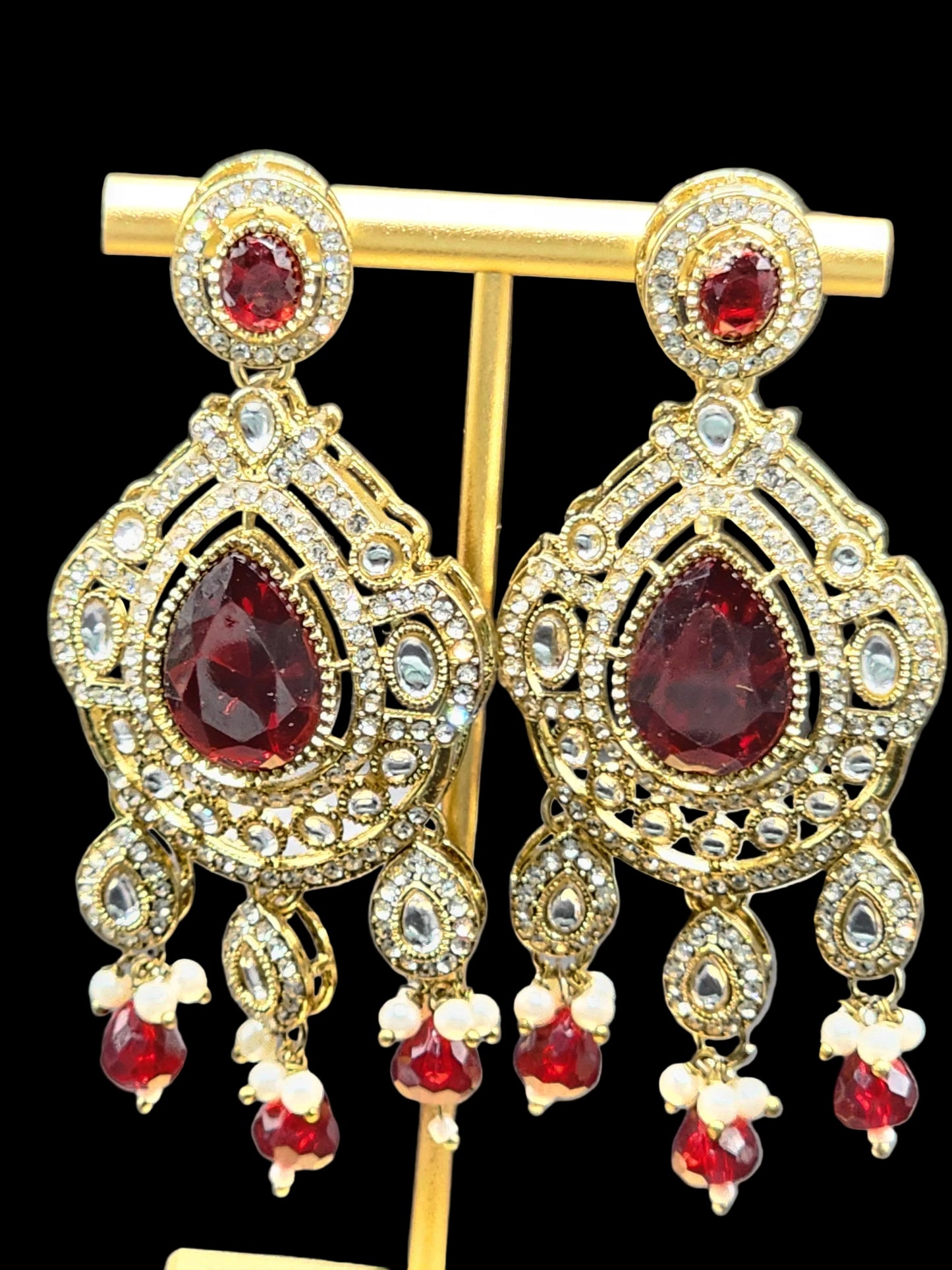 Ruby Red Kundan Chandbali Earrings with Pearl Drops – Bridal Luxe