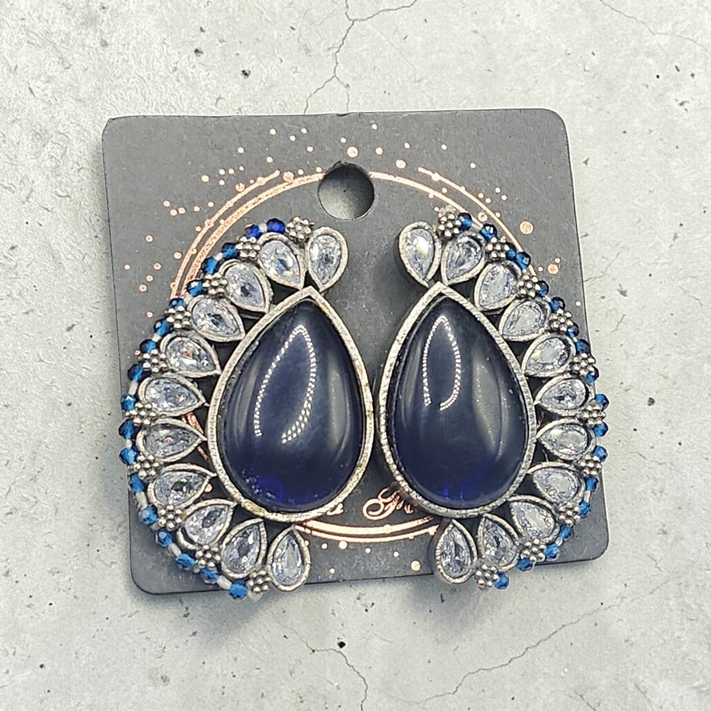 PSK ELEGANCE Midnight Blue Teardrop Statement Earrings | Crystal Halo Indo-Western Luxury Jewelry
