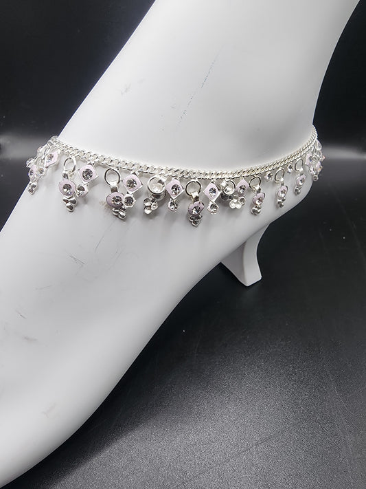 Silver Charm Anklet with Crystal Drops – Elegant Dangling Payal
