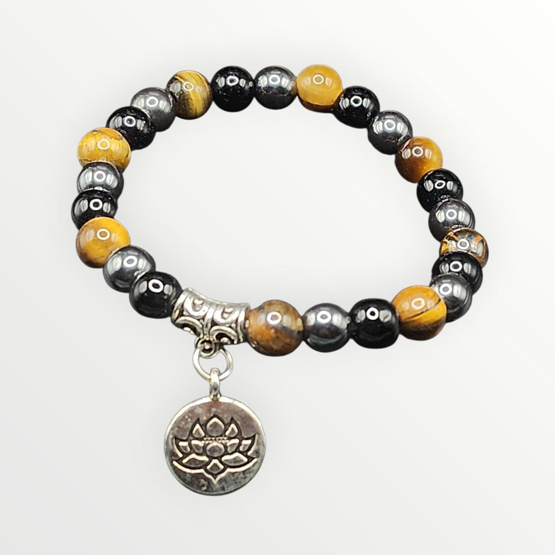 Tiger Eye Beaded Bracelet with Lotus Charm