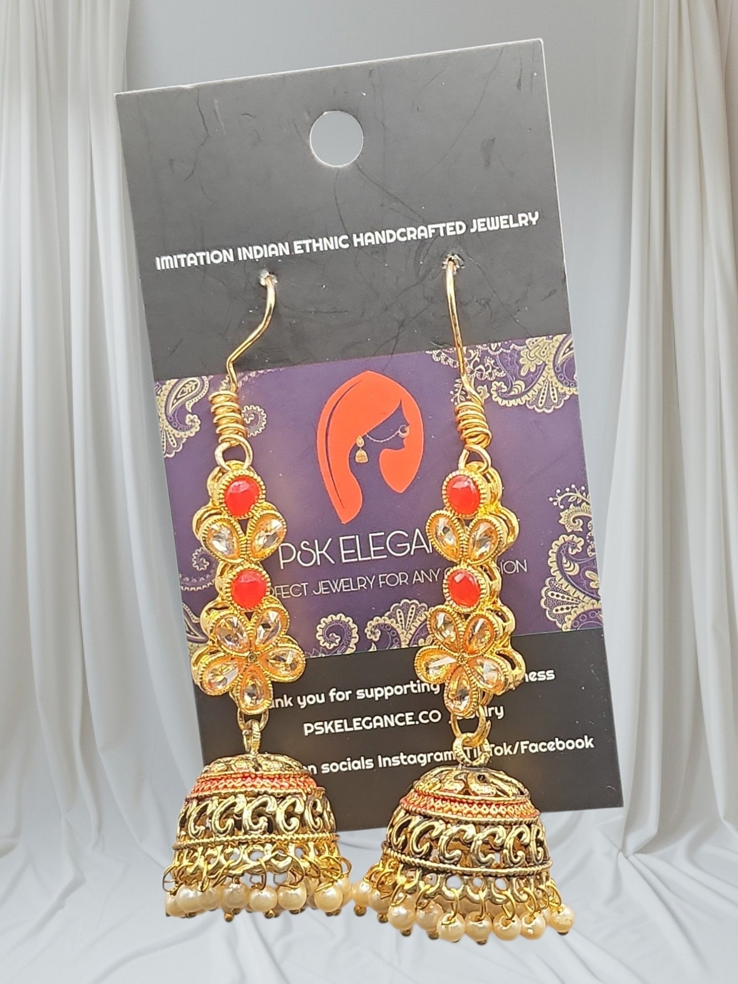 PSK ELEGANCE Red & Gold Floral Jhumka Earrings | Kundan Crystal Pearl Drop Ethnic Jewelry