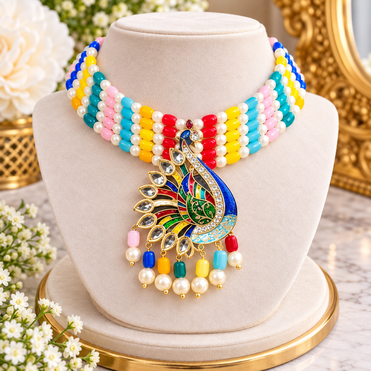 Multicolor Beaded Peacock Pendant Necklace | Indian Statement Jewelry