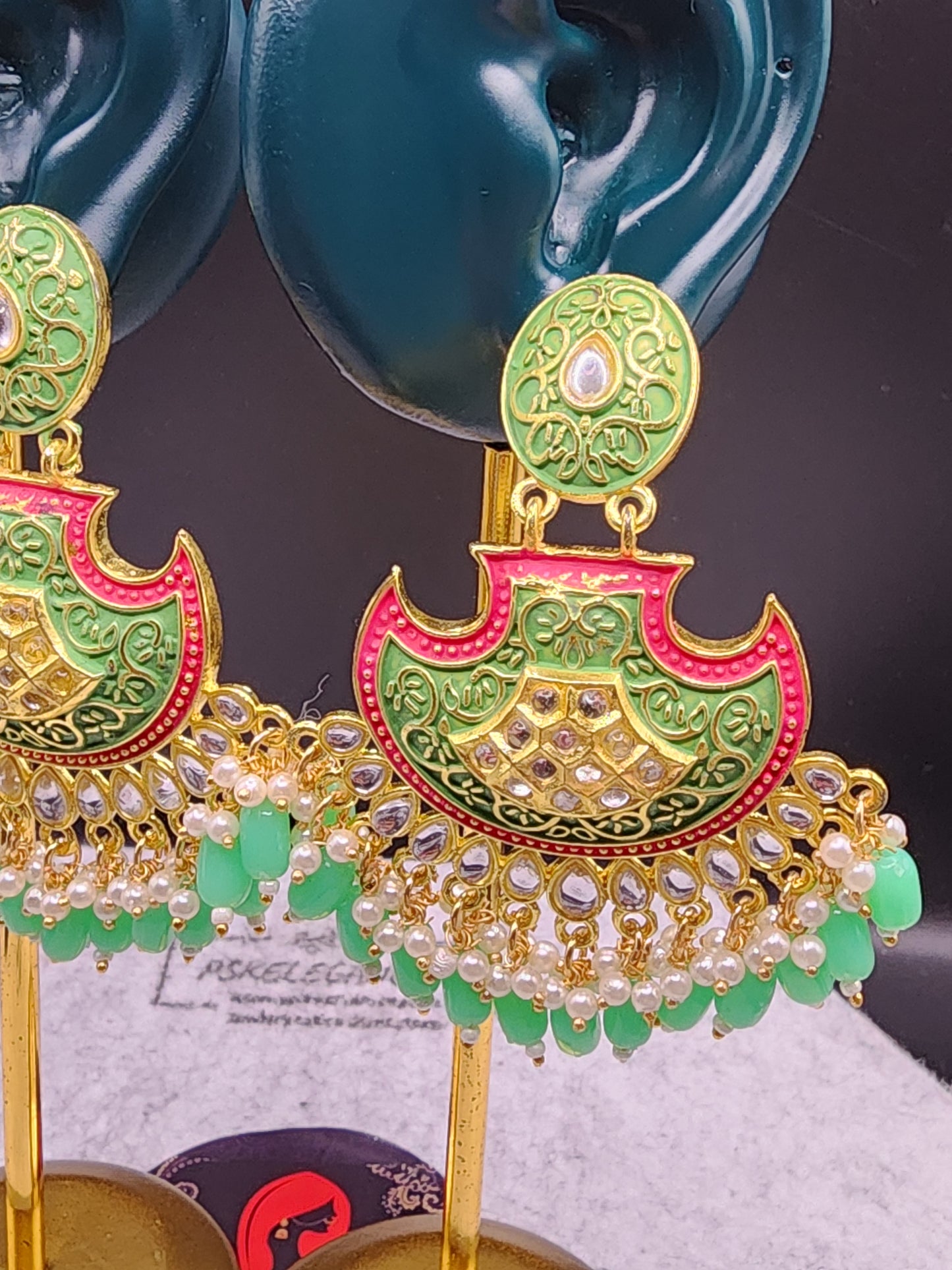 Green Pink Meenakari Chandbali Earrings | Pearl Bead Indian Statement Earrings