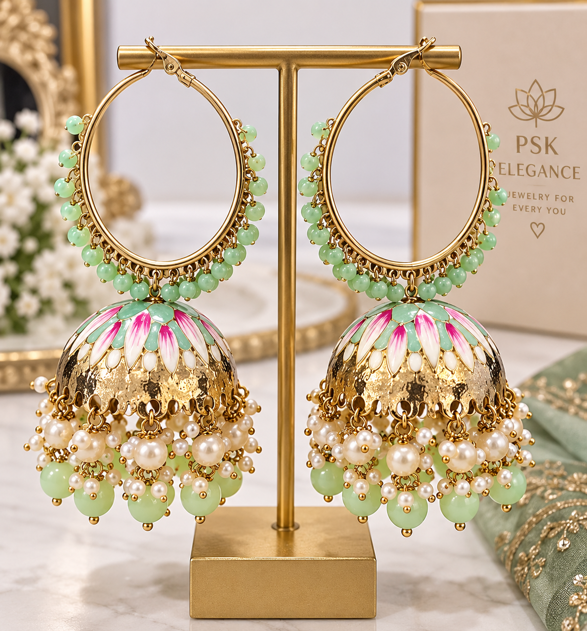 Mint Green & Pearl Jhumka Earrings