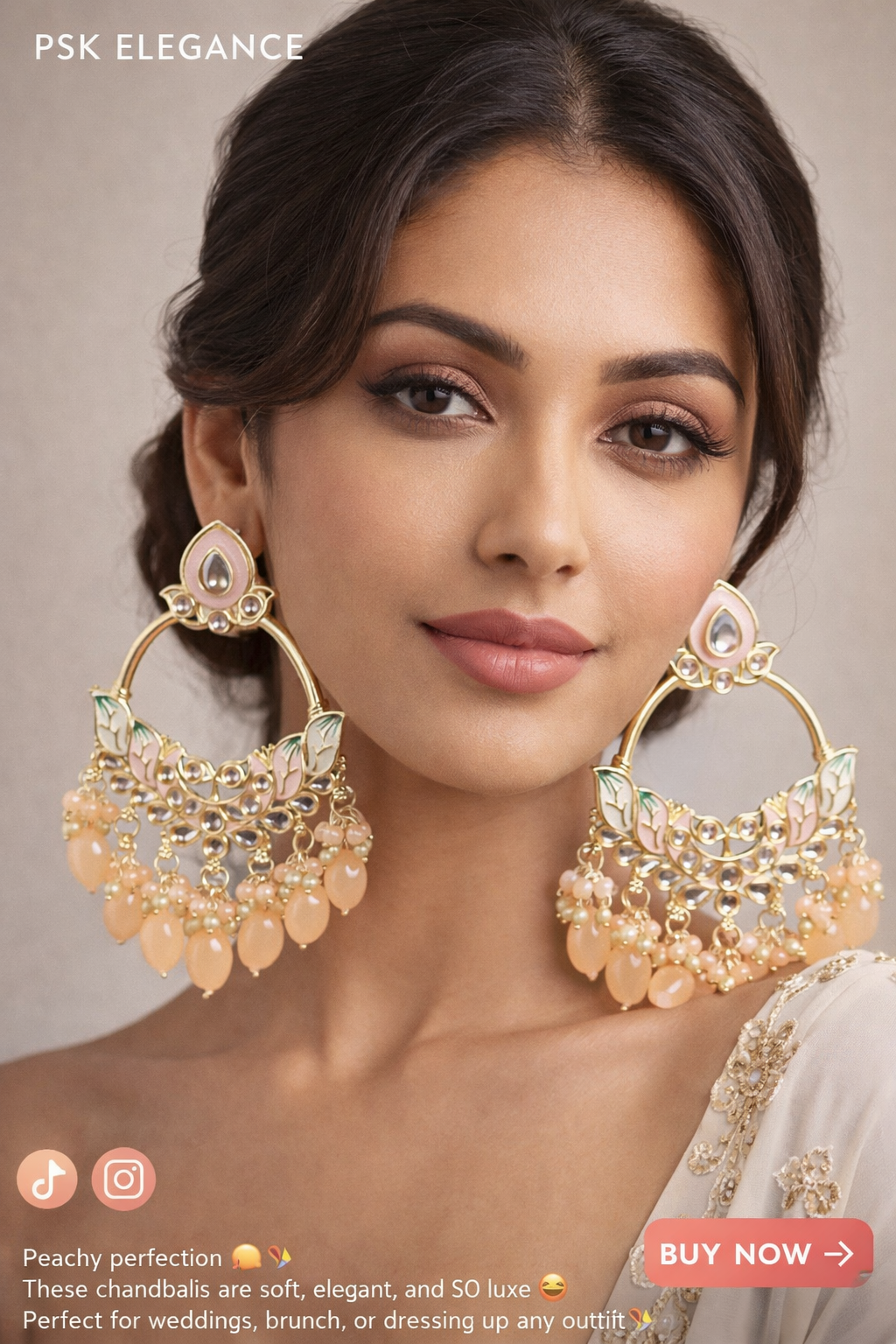 Peach Kundan Chandbali Earrings with Pearl Drops