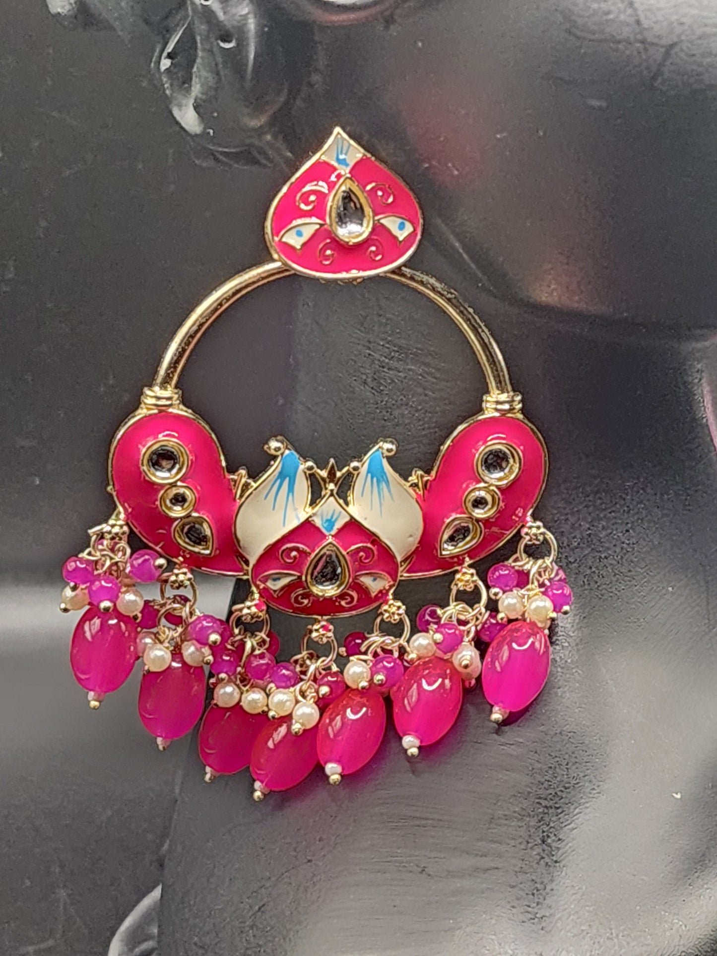 Pink Kundan Chandbali Earrings with Pearl Drops – Statement Indo-Western Jewelry