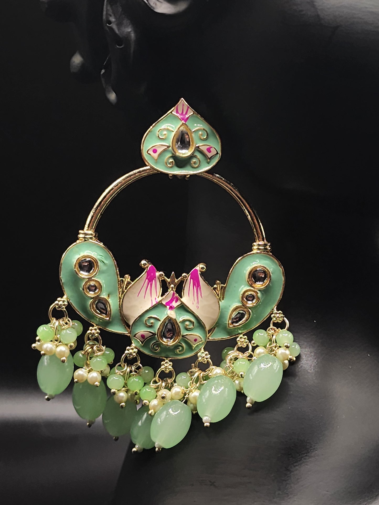 Mint Green Meenakari Statement Hoop Earrings with Pearl Drops – Soft Luxe