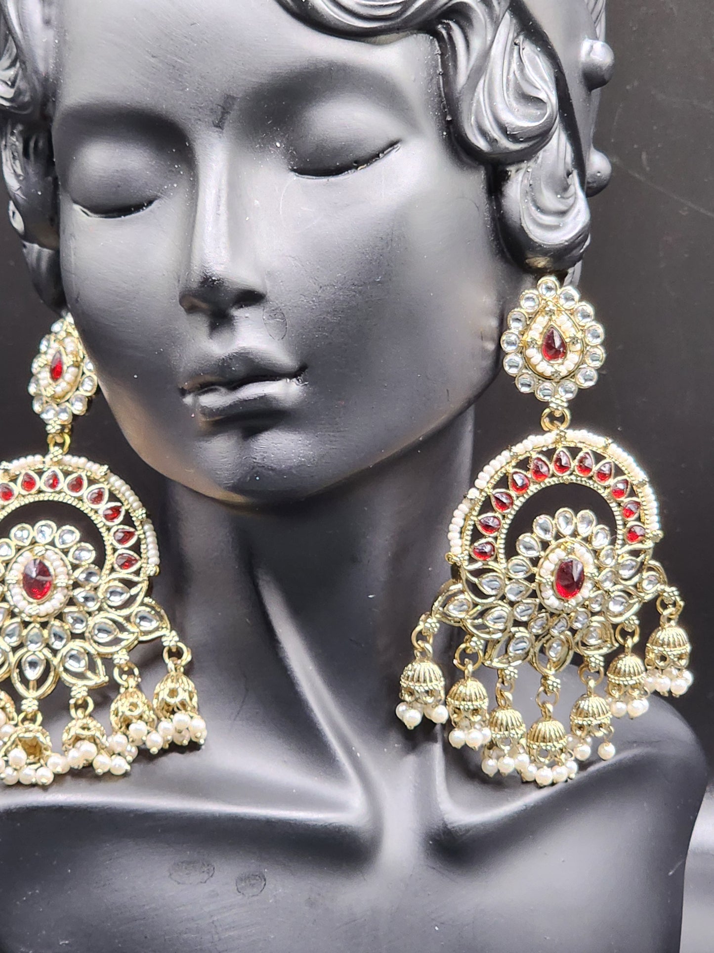 Royal Red Kundan Chandbali Earrings with Pearl Jhumka Drops