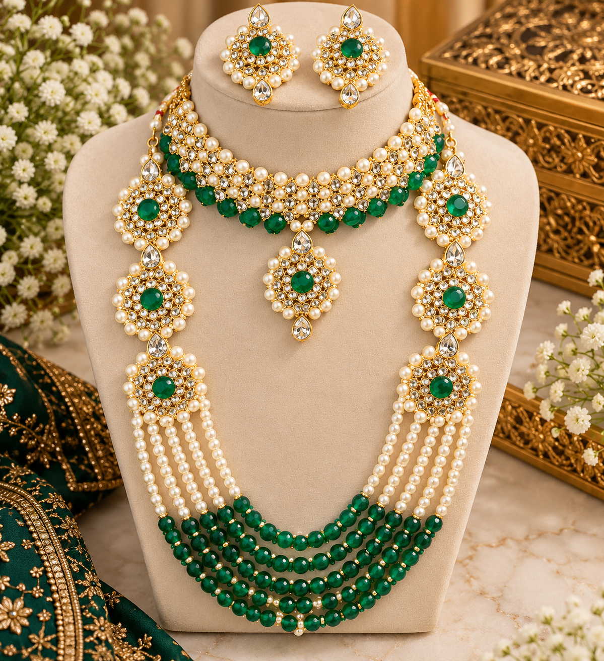 Emerald Green Kundan Pearl Bridal Necklace Set with Matching Earrings