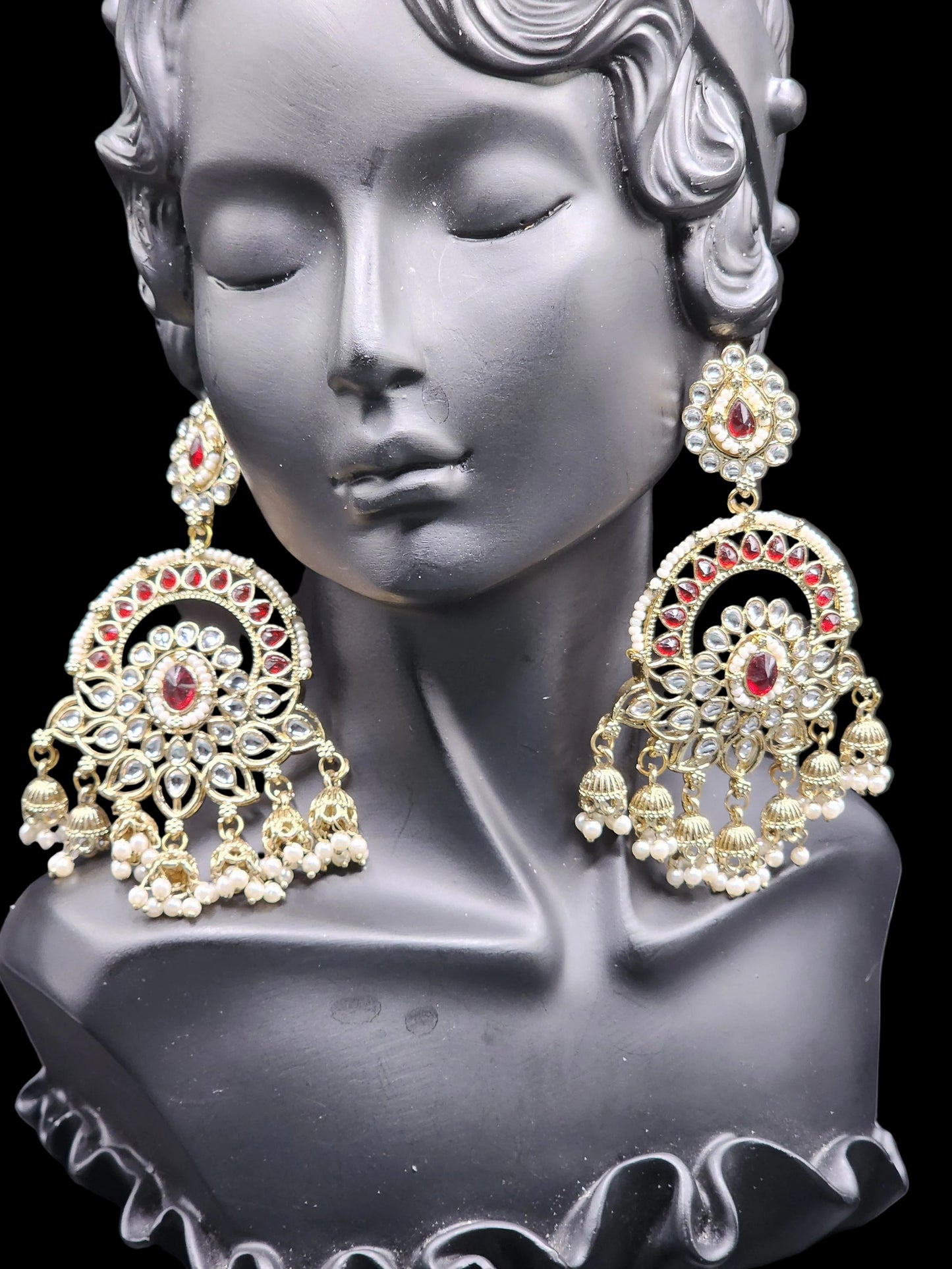 Royal Red Kundan Chandbali Earrings with Pearl Jhumka Drops
