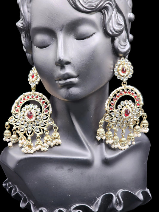 Royal Red Kundan Chandbali Earrings with Pearl Jhumka Drops