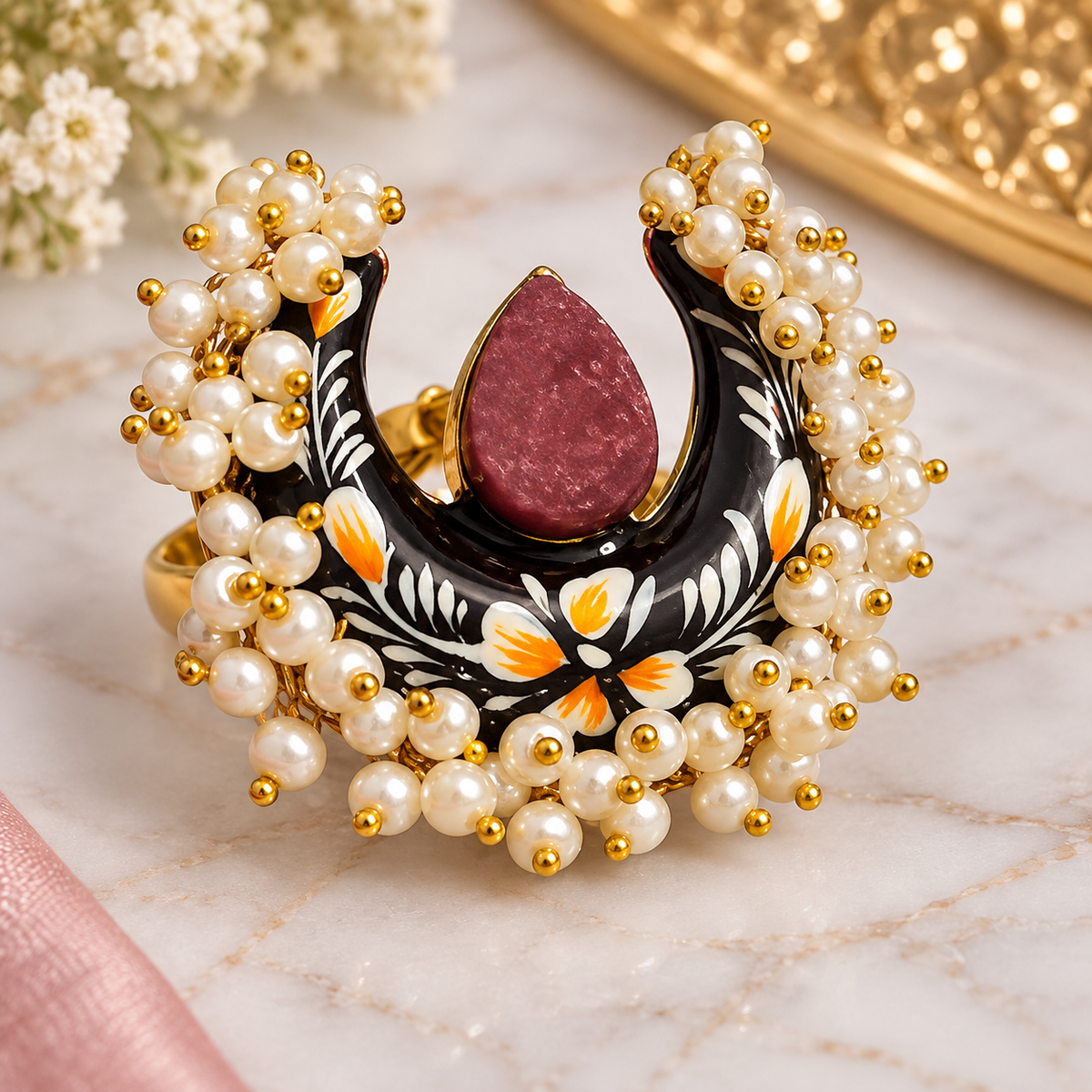 Menakari Work Cocktail Ring | Pearl & Hand-Painted Statement Ring