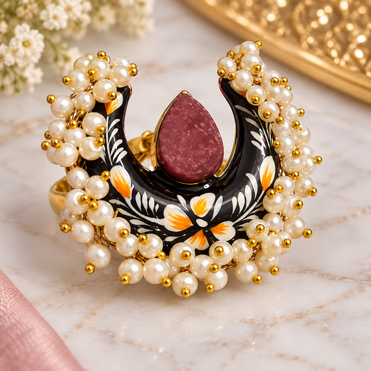 Menakari Work Cocktail Ring | Pearl & Hand-Painted Statement Ring