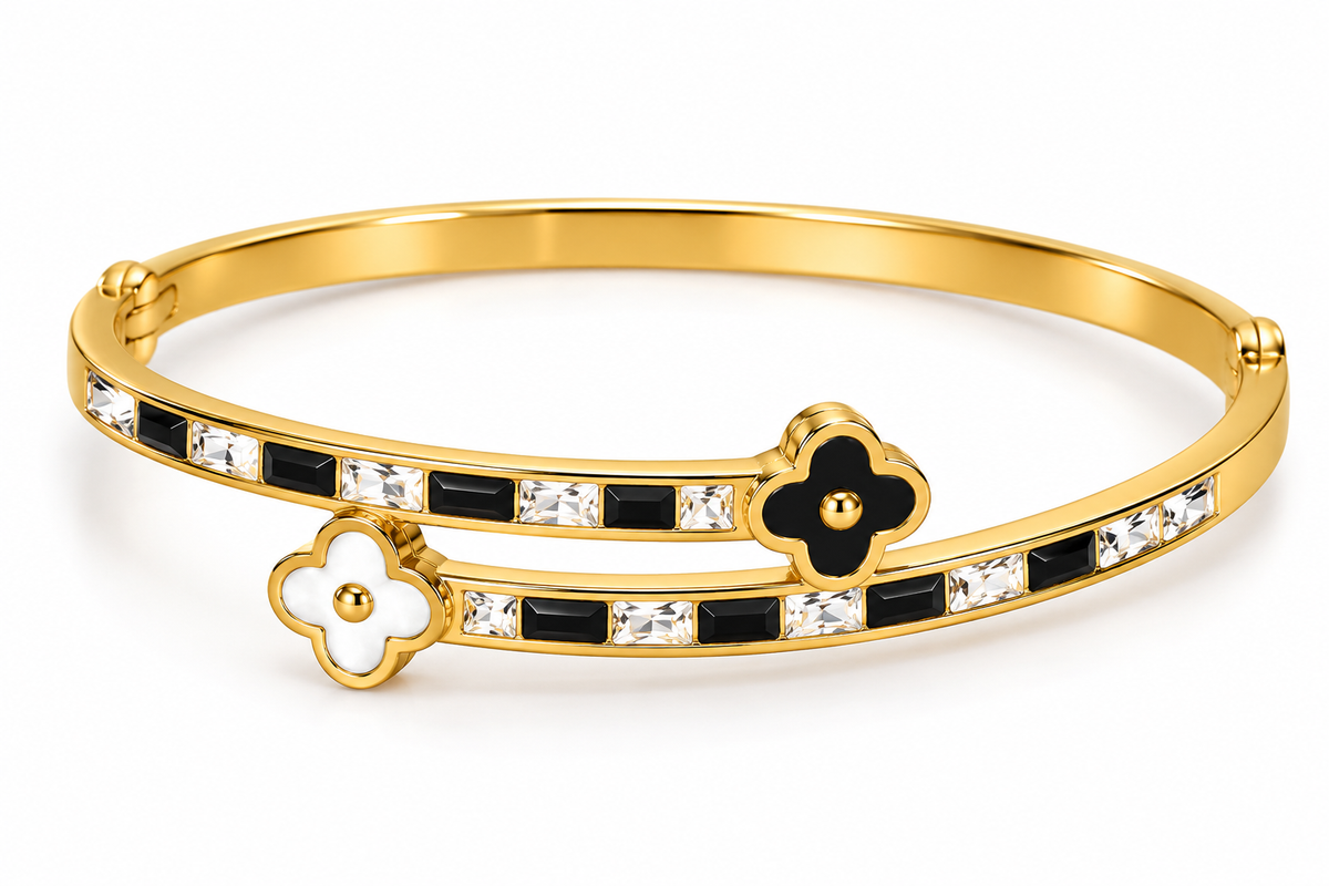 Gold-Tone Black & White Crystal Double-Band Cuff Bracelet