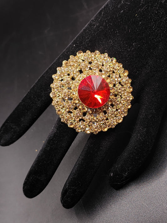 PSK ELEGANCE Red Crystal Statement Ring | Gold Rhinestone Halo Adjustable Cocktail Ring for Women