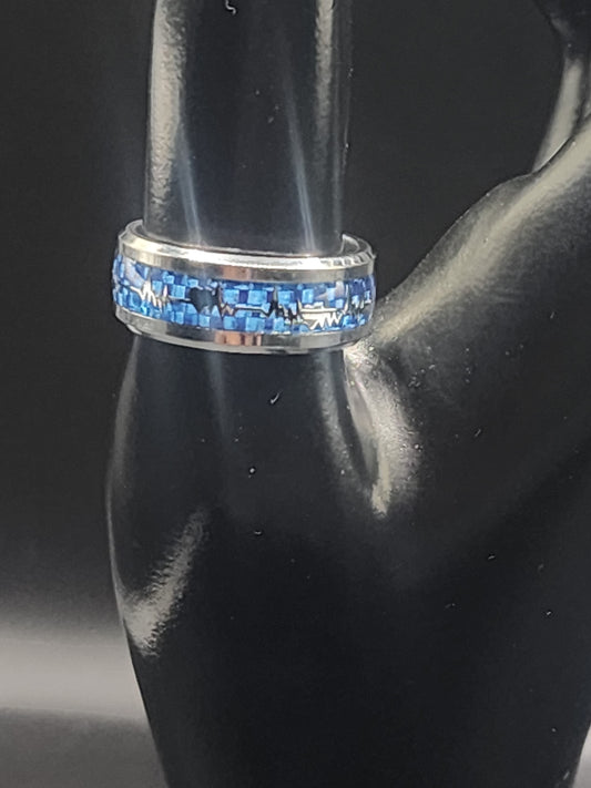 Blue Mosaic Heartbeat Ring | Stainless Steel Love Band | Minimalist Couple Jewelry