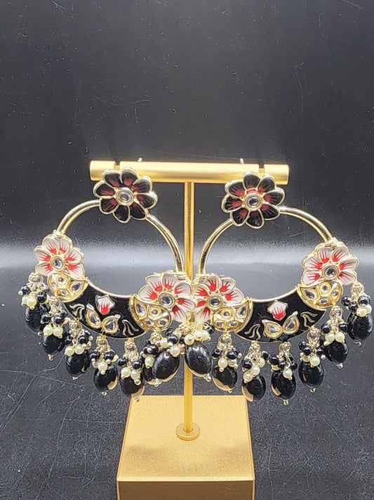 Black & Red Floral Chandbali Earrings with Pearl Drops