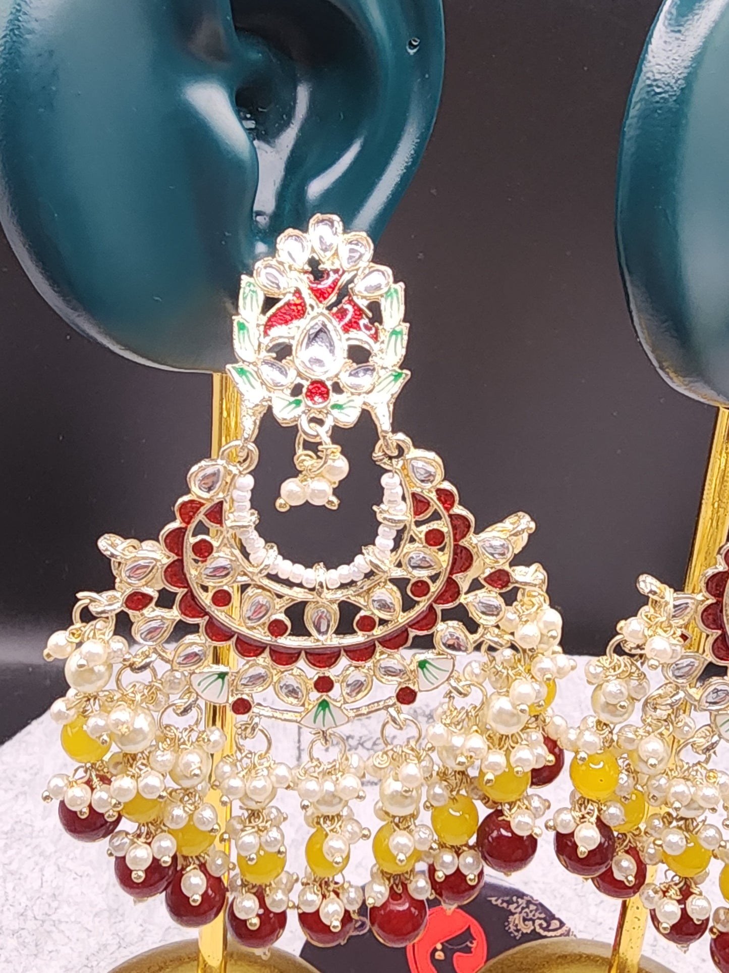 Multicolor Kundan Chandbali Earrings with Pearl & Bead Drops