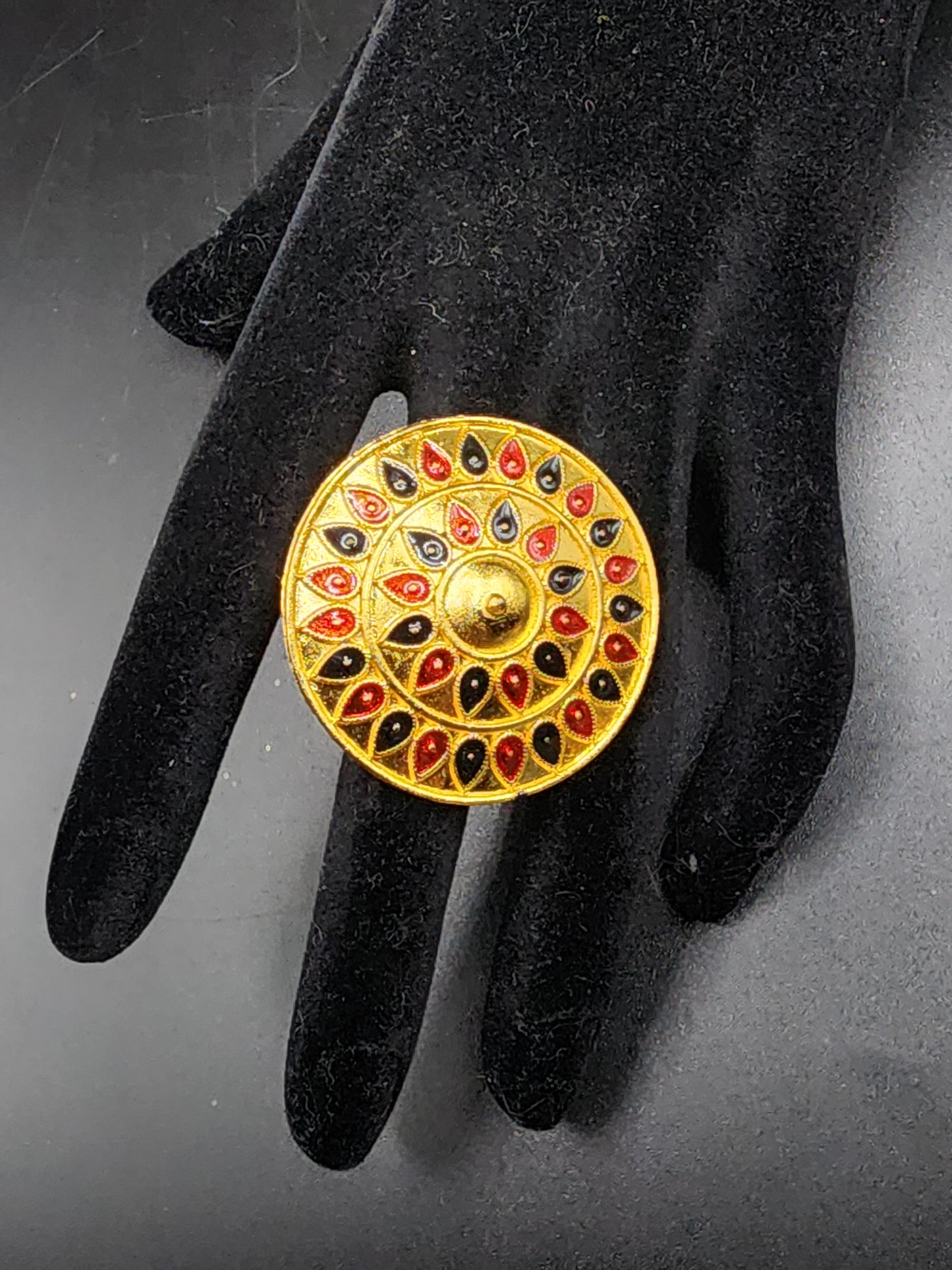 PSK ELEGANCE Antique Gold Round Statement Ring | Red & Black Enamel Traditional Adjustable Ring for Women