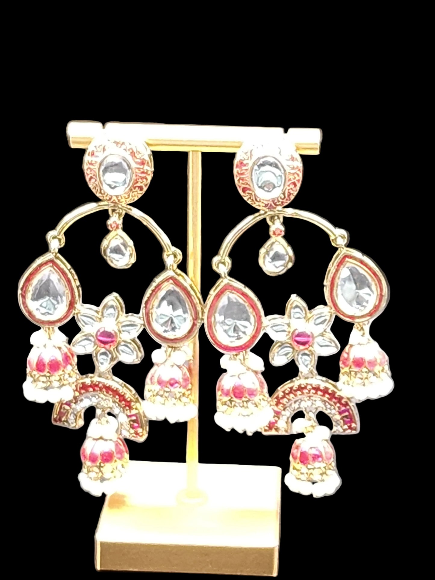 Pink Kundan Chandbali Earrings with Pearl Jhumka Drops – Festive Luxe