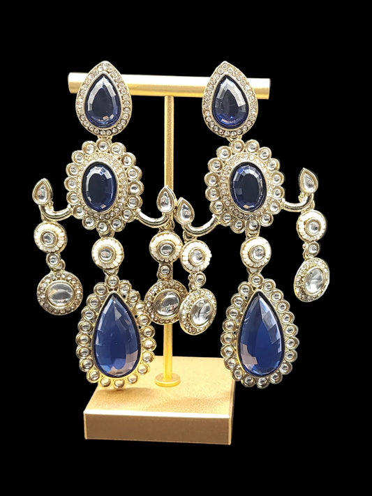 Royal Sapphire Chandbali Earrings – Luxury Kundan Bridal Statement