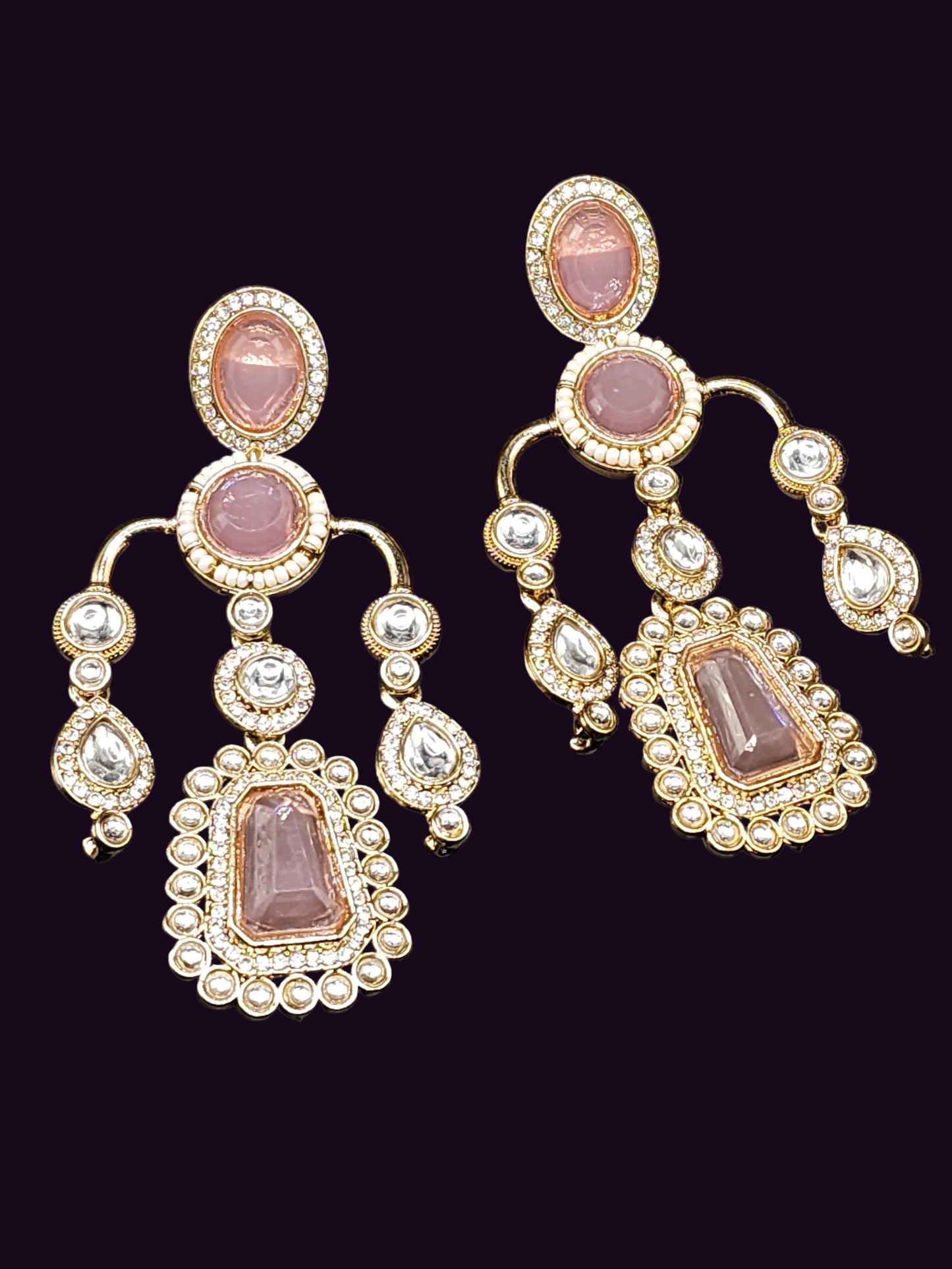 Blush Pink Kundan Statement Earrings with Crystal Drops – Feminine Luxe