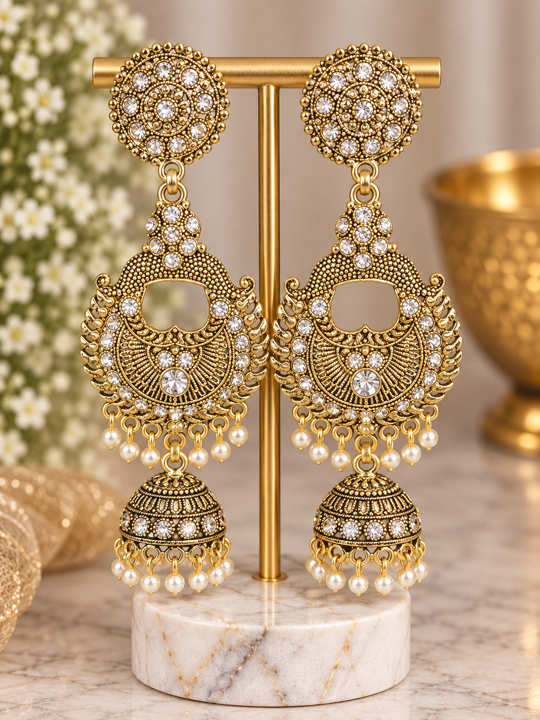 Antique Gold Kundan Jhumka Statement Earrings