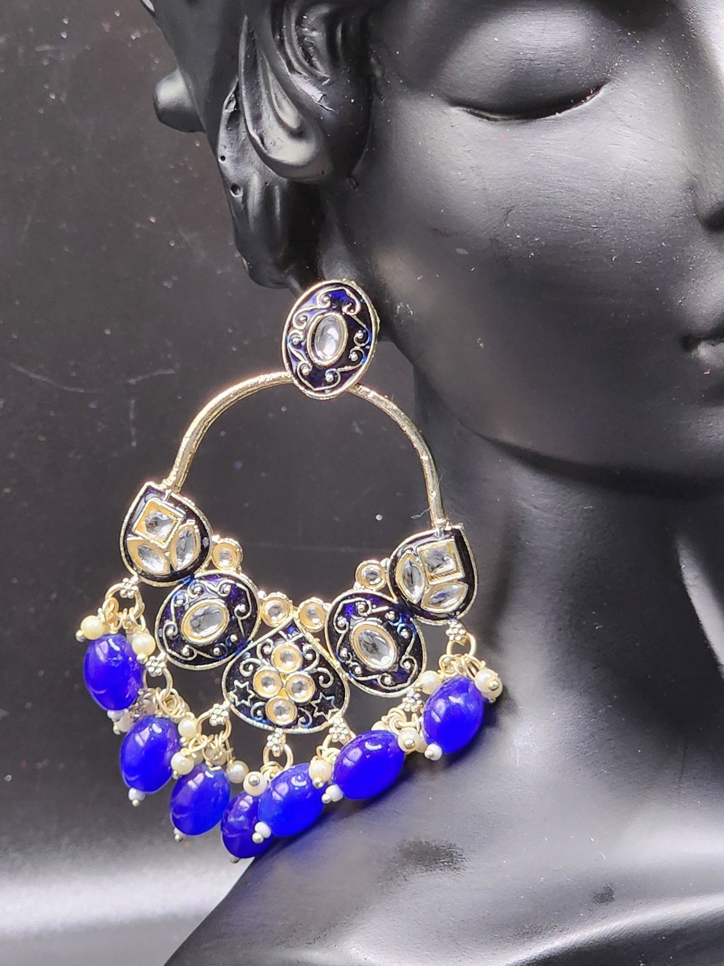 Royal Blue Meenakari Statement Hoop Earrings with Beaded Drops – Regal Luxe