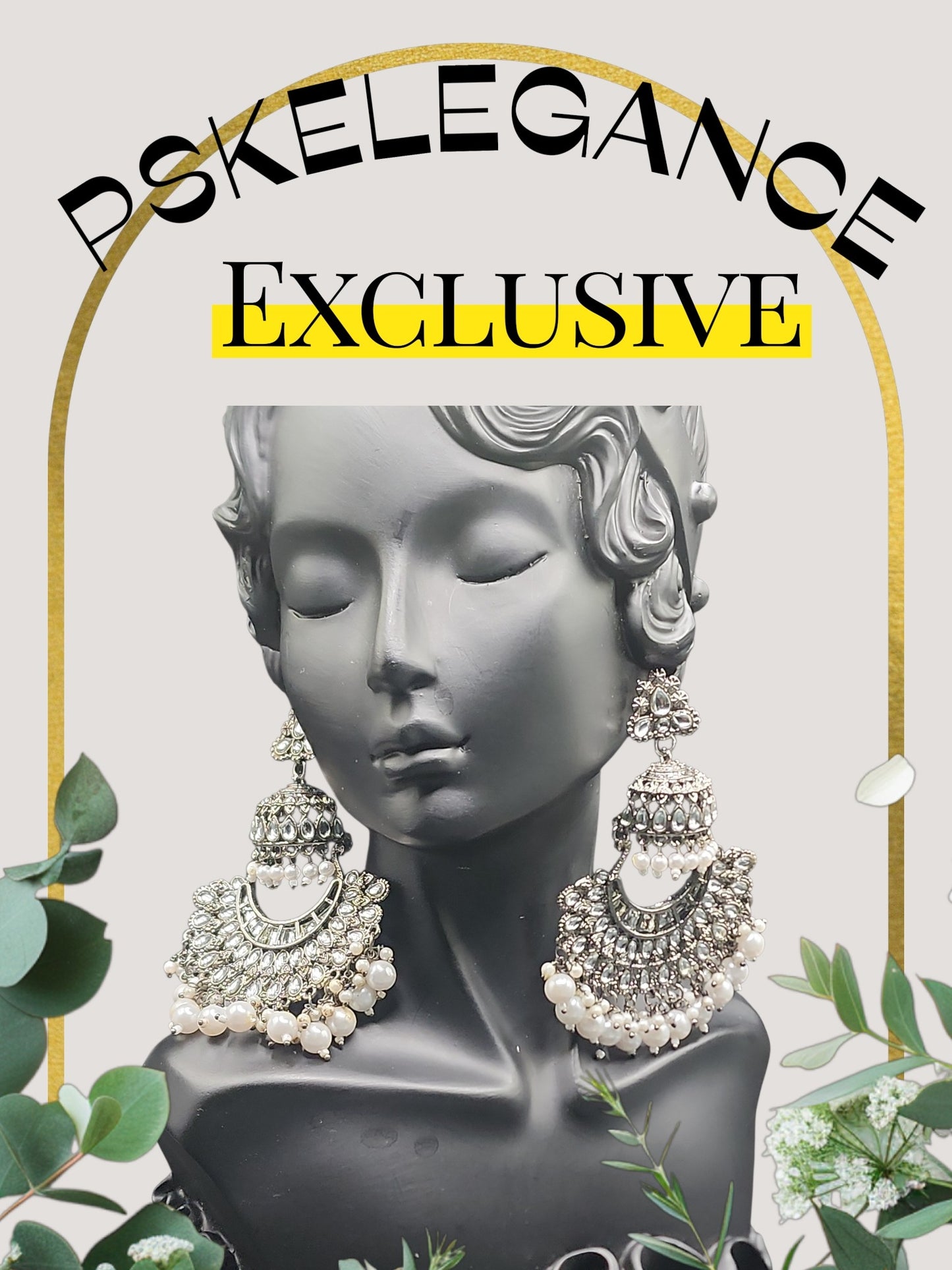 PSK ELEGANCE Oxidized Silver Kundan Chandbali Earrings | Pearl Drop Statement Ethnic Jewelry
