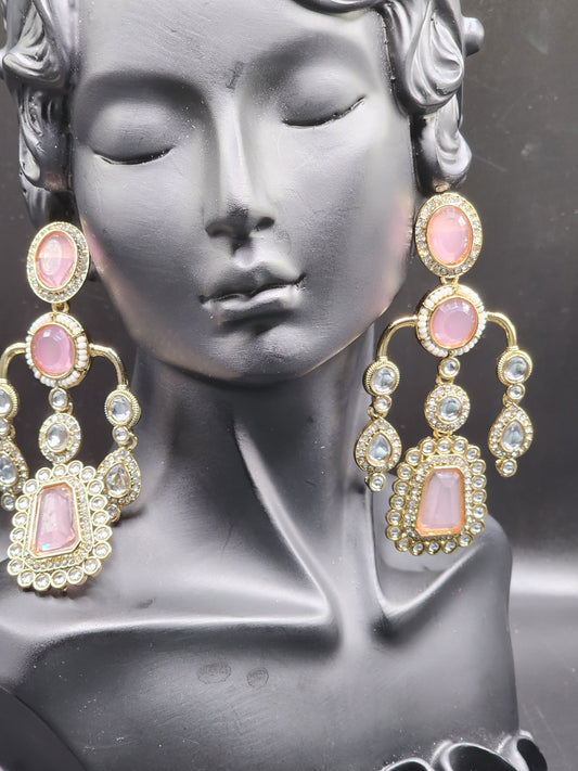 Blush Pink Kundan Statement Earrings with Crystal Drops – Feminine Luxe