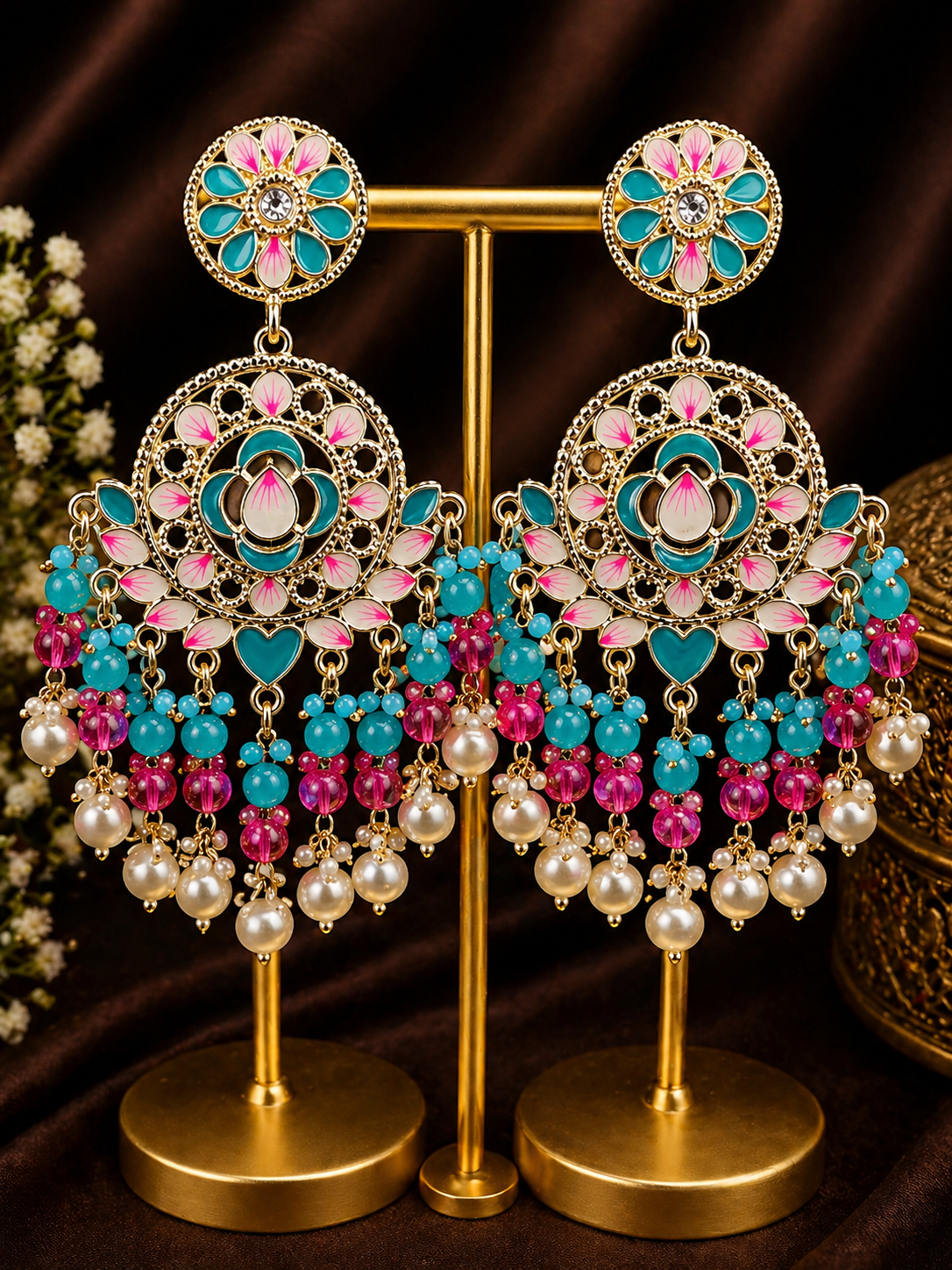 Turquoise Pink Floral Chandbali Earrings | Pearl Bead Indian Statement Earrings