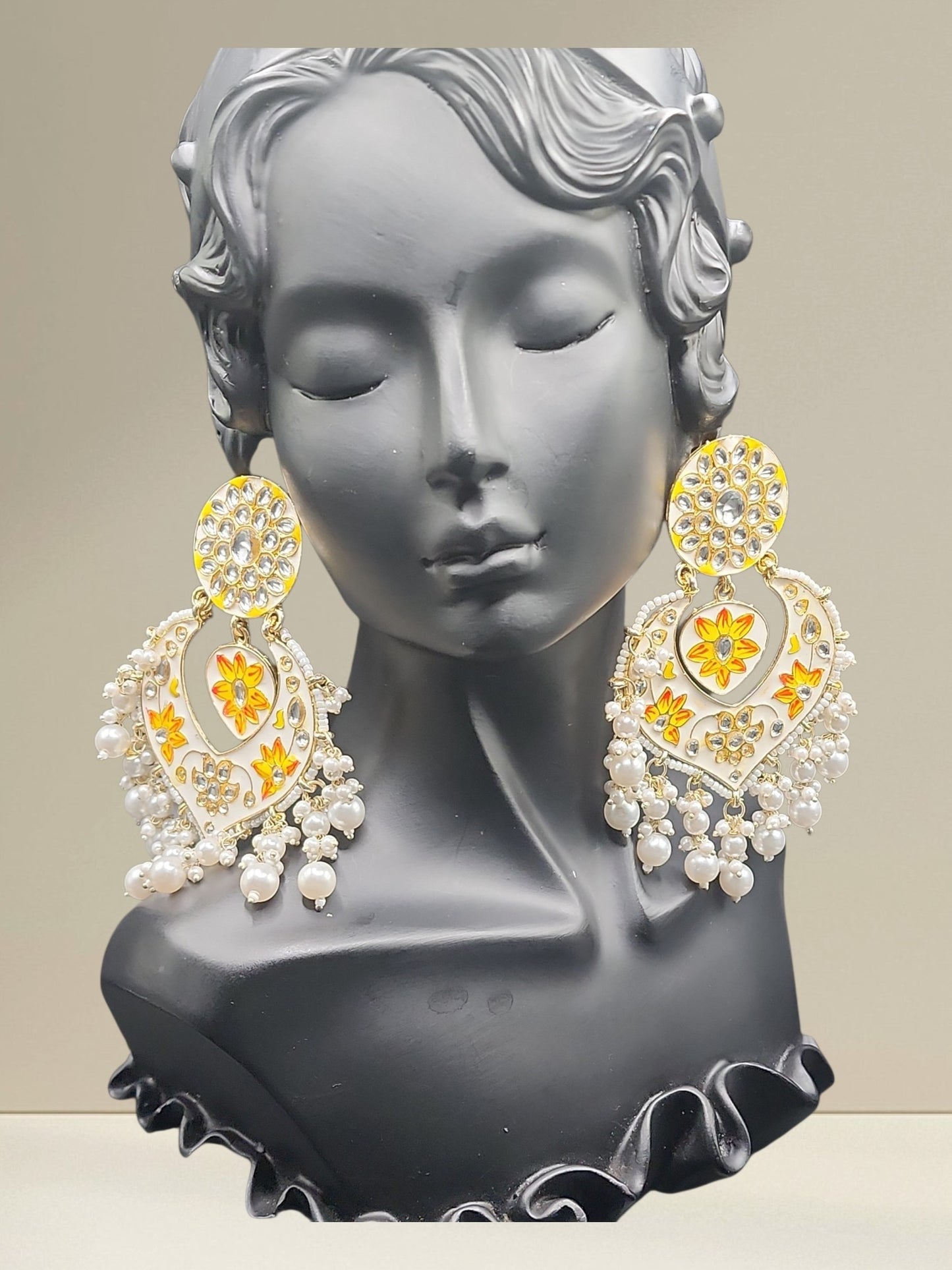 PSK ELEGANCE Ivory Meenakari Heart Chandbali Earrings | Floral Kundan Pearl Drop Statement Jewelry
