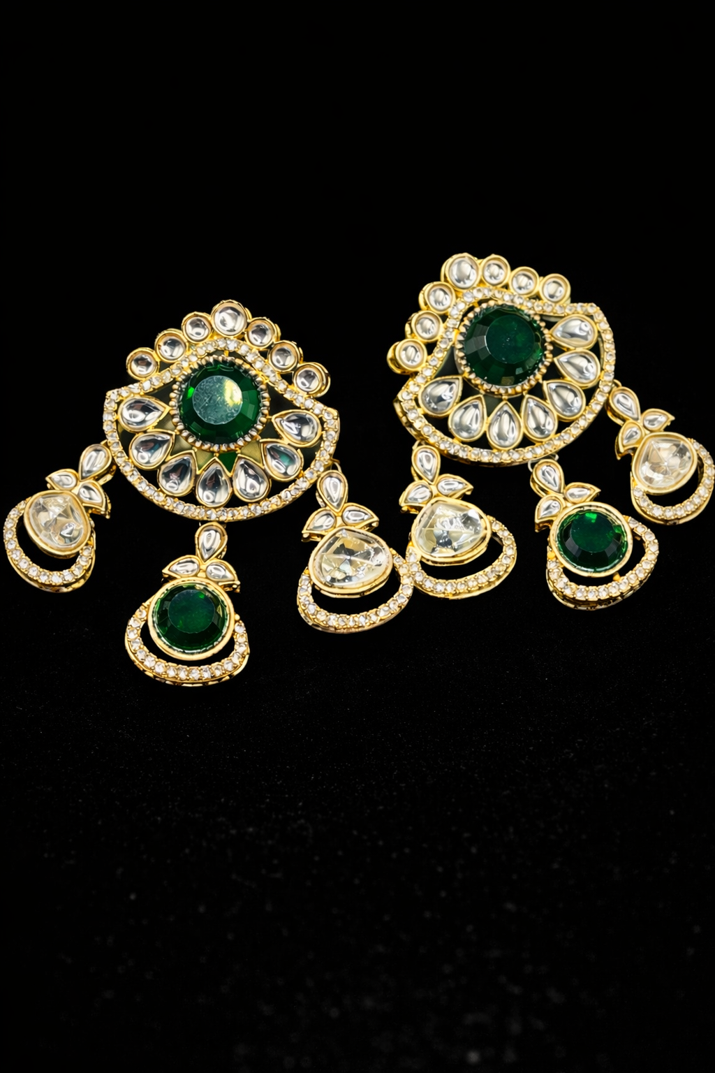 Emerald Green Kundan Statement Earrings with Crystal Drops – Royal Luxe