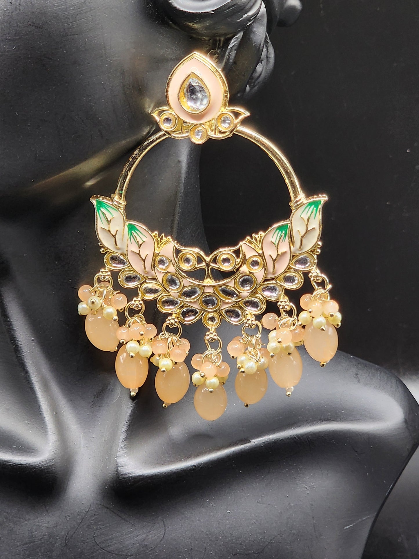 Peach Kundan Chandbali Earrings with Pearl Drops