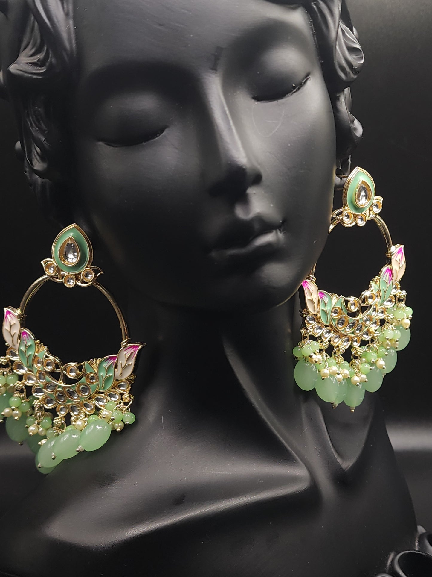Mint Green Meenakari Statement Hoop Earrings with Beaded Drops – Fresh Luxe