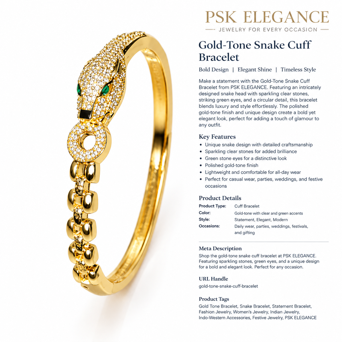 Gold-Tone Crystal Panther Head Statement Bangle Bracelet