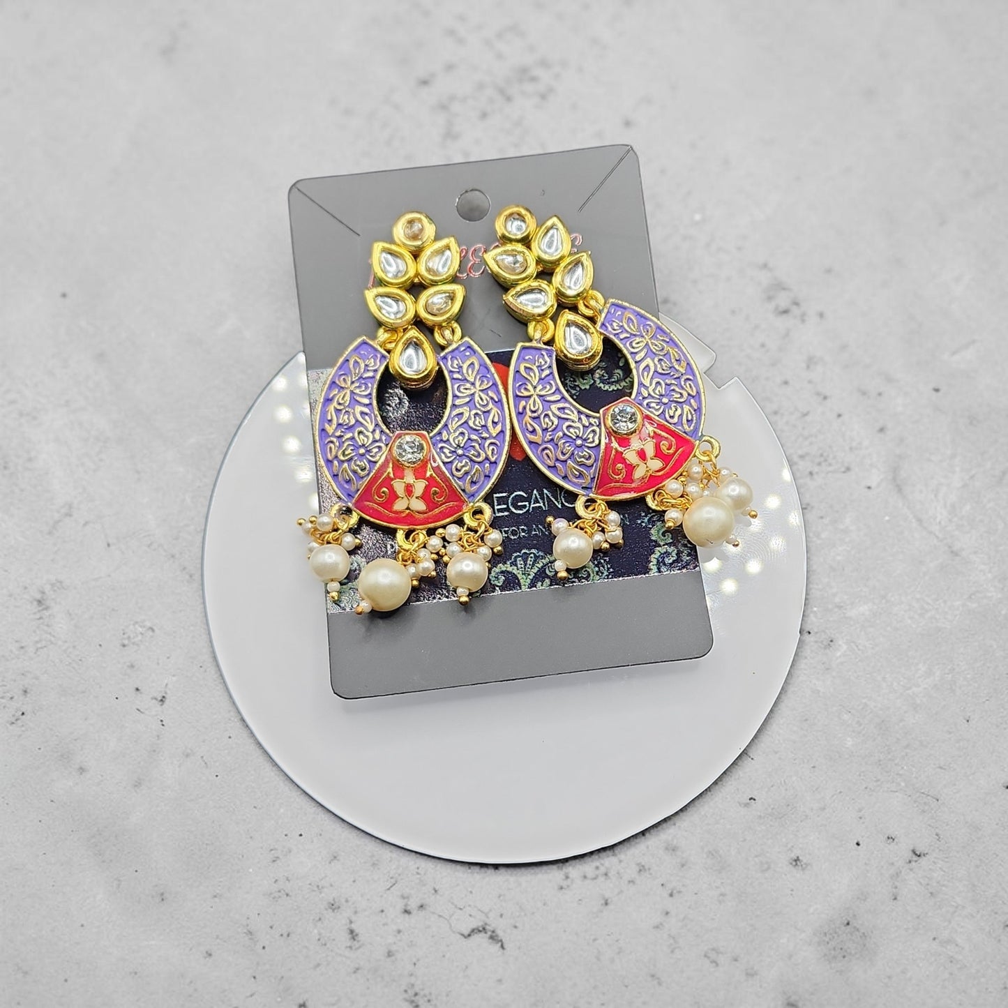 PSK ELEGANCE Red & Gold Chandbali Earrings with Kundan & Pearl Drops