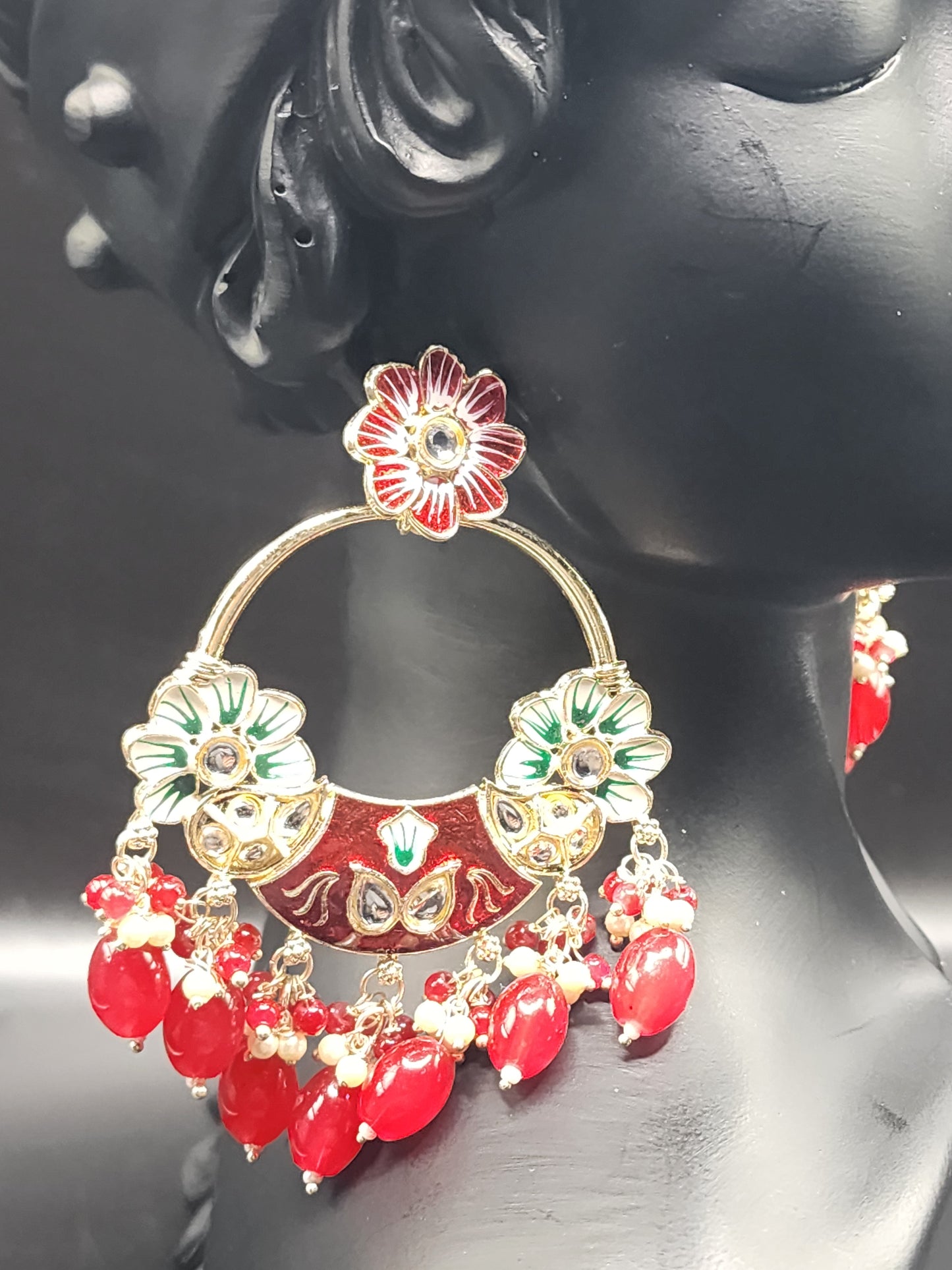 Red Floral Meenakari Statement Hoop Earrings with Bead Drops – Festive Luxe