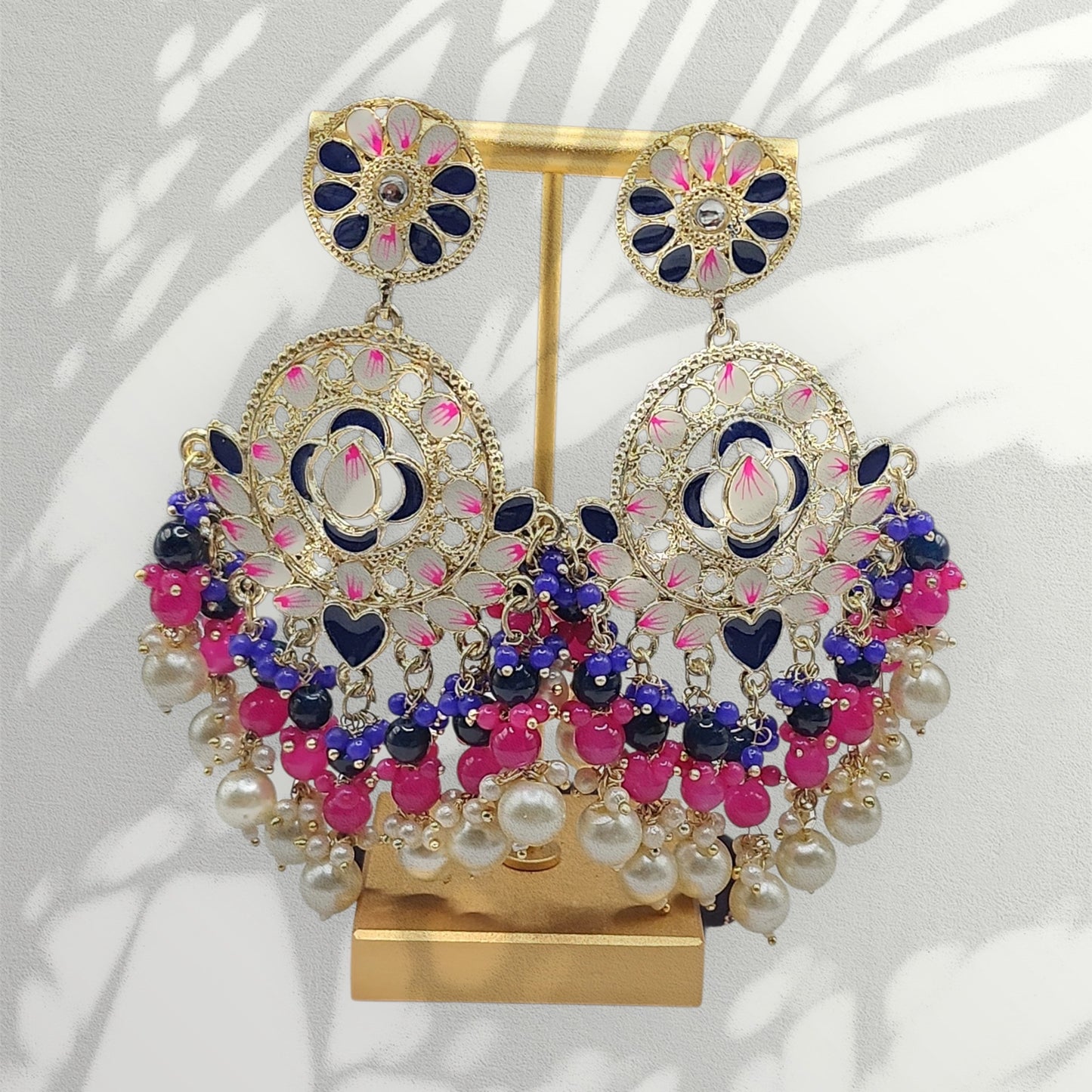 Navy Blue & Pink Floral Chandbali Earrings with Pearl Drops