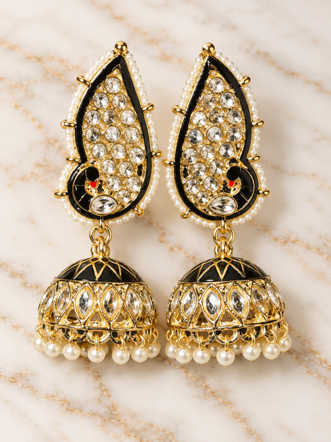 Black & Gold Kundan Pearl Jhumka Earrings – Statement Indian Jewelry