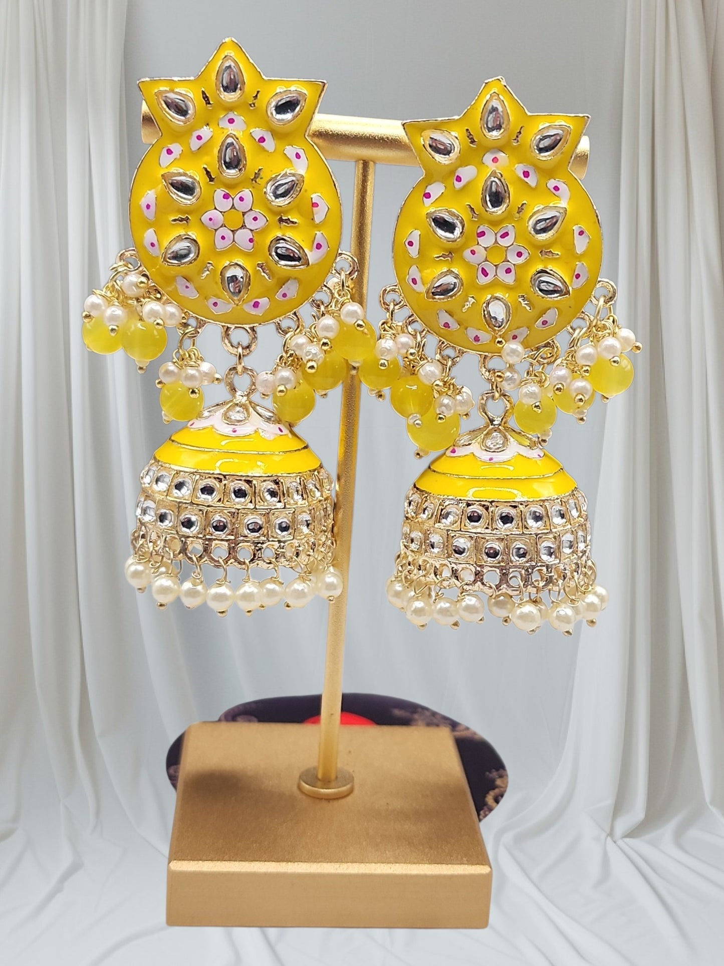 Yellow Meenakari Kundan Jhumka Earrings | Pearl Drop Indian Festive Earrings
