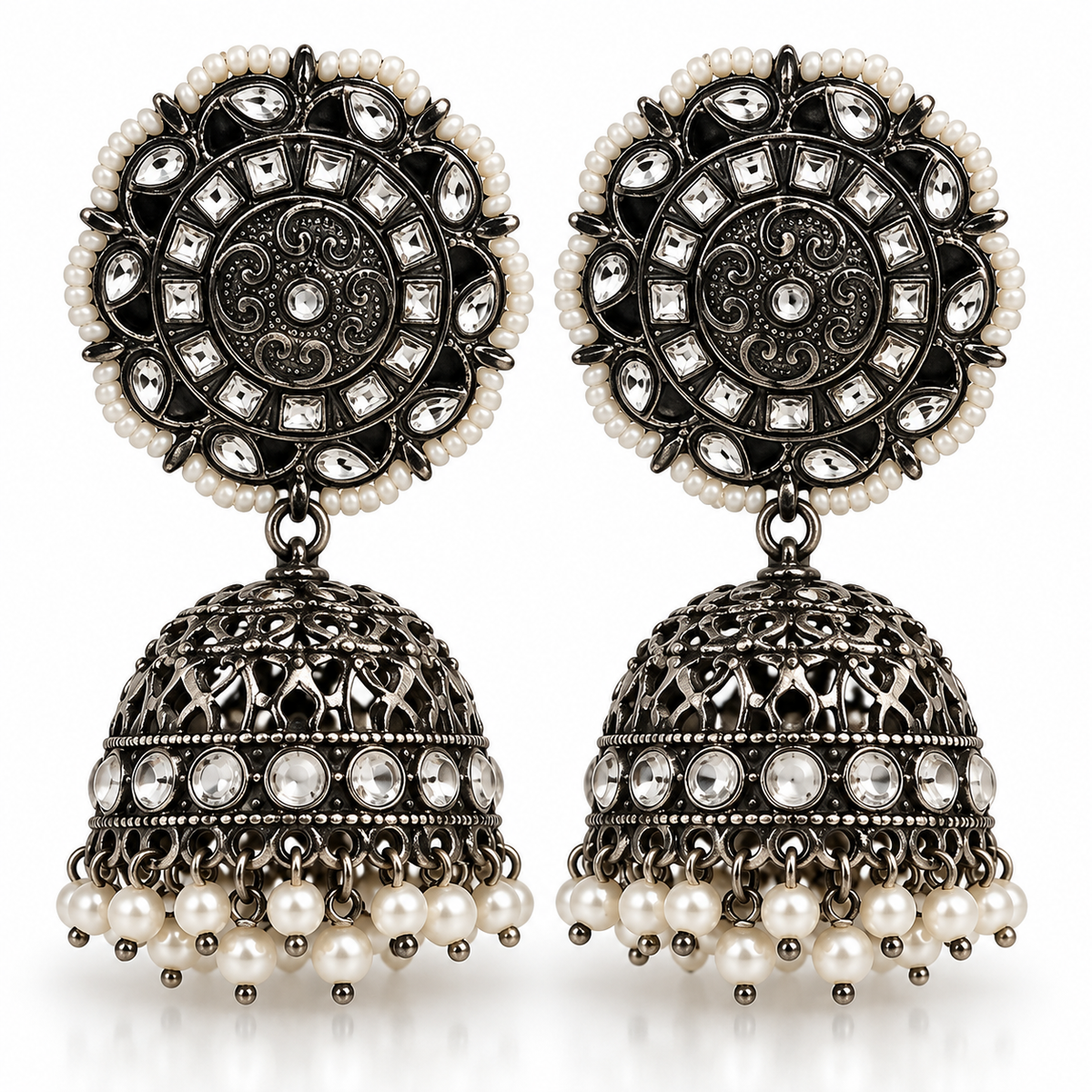 PSK ELEGANCE Black & Silver Pearl Jhumka Earrings