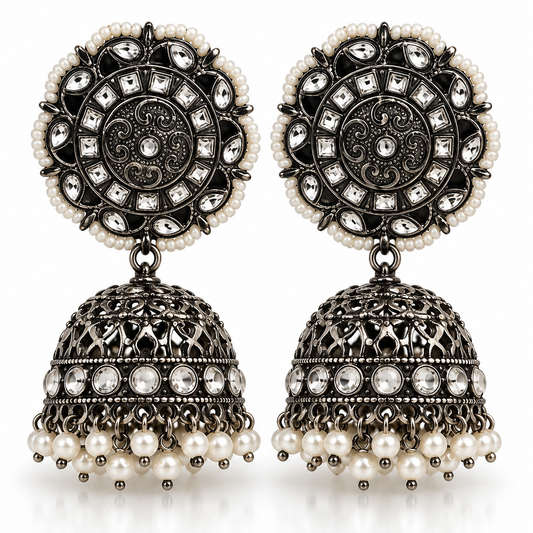 PSK ELEGANCE Black & Silver Pearl Jhumka Earrings