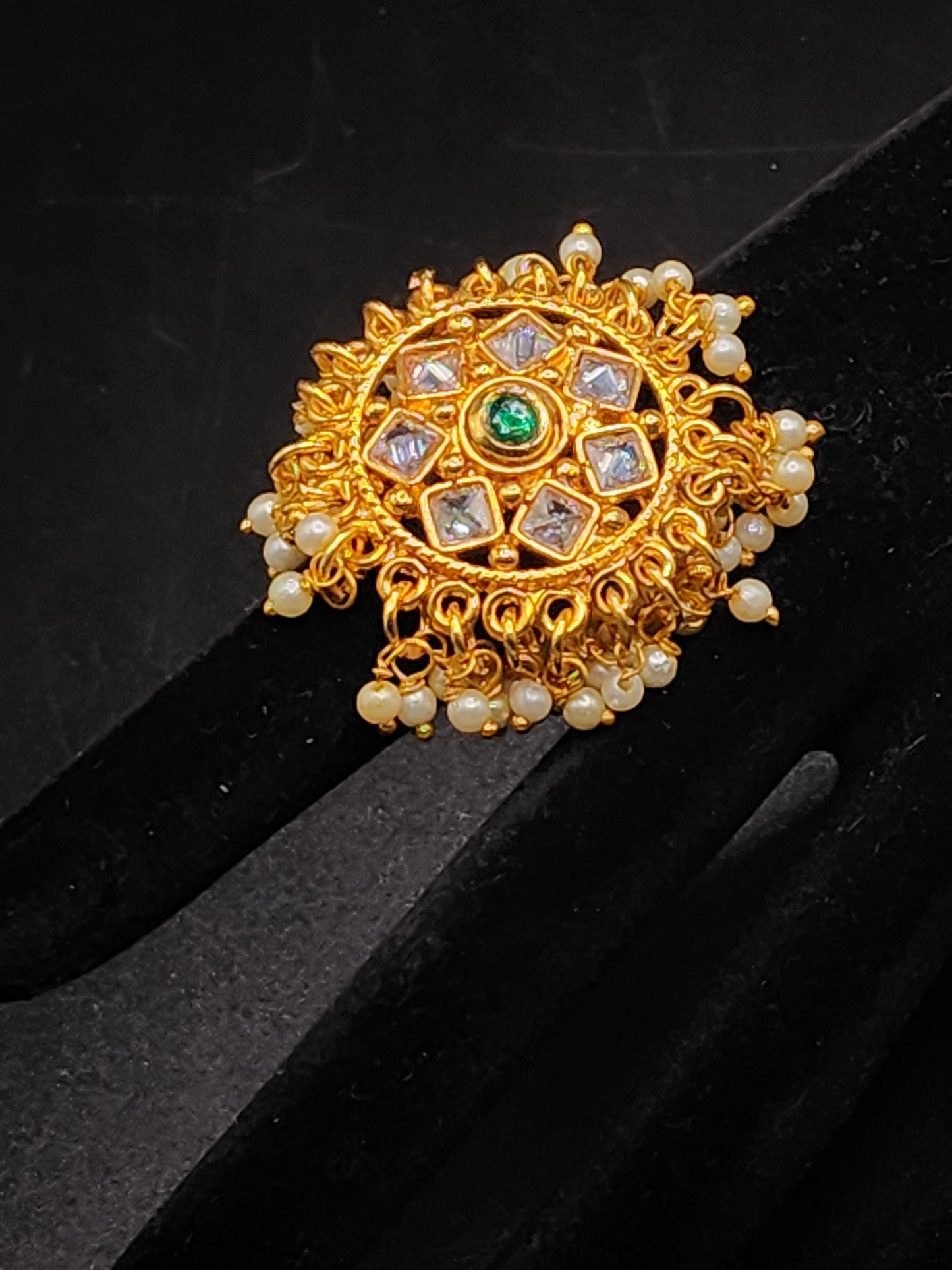 Royal Kundan Pearl Statement Ring | Gold Traditional Floral Ring