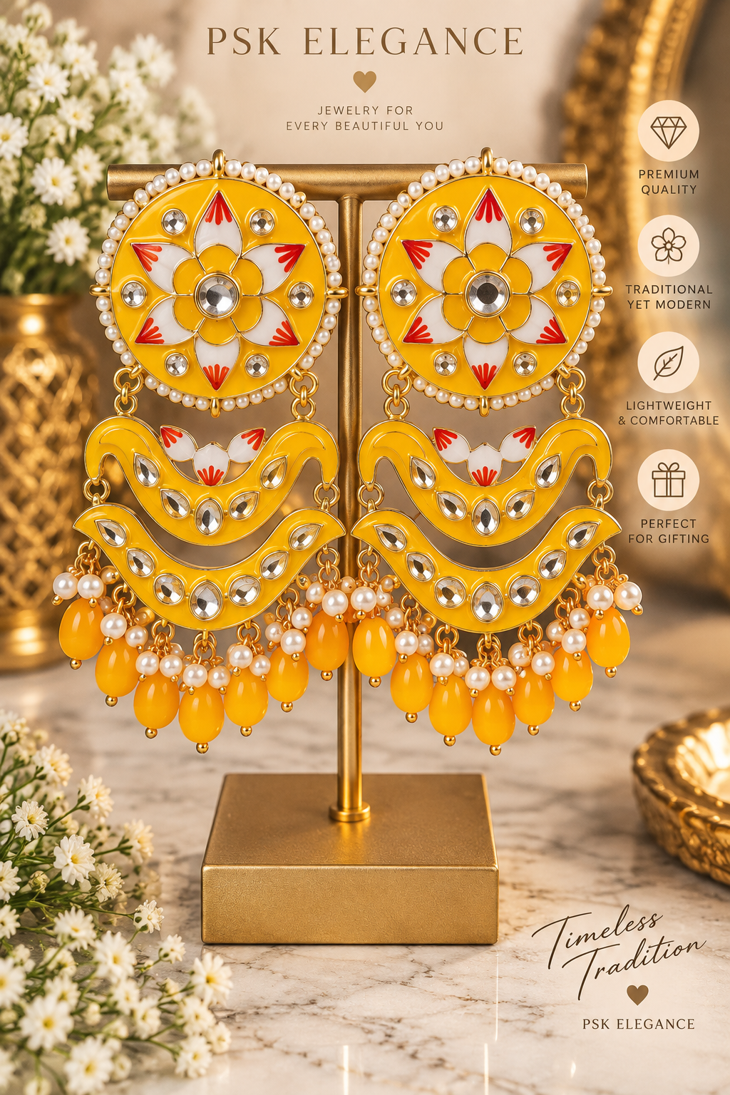 Yellow Enamel Floral Chandbali Jhumka Earrings