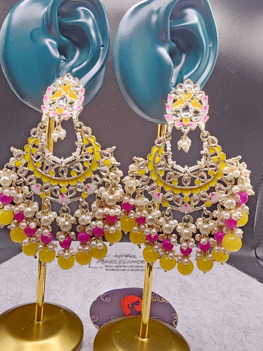 Yellow Pink Kundan Chandbali Earrings | Pearl Bead Indian Statement Earrings