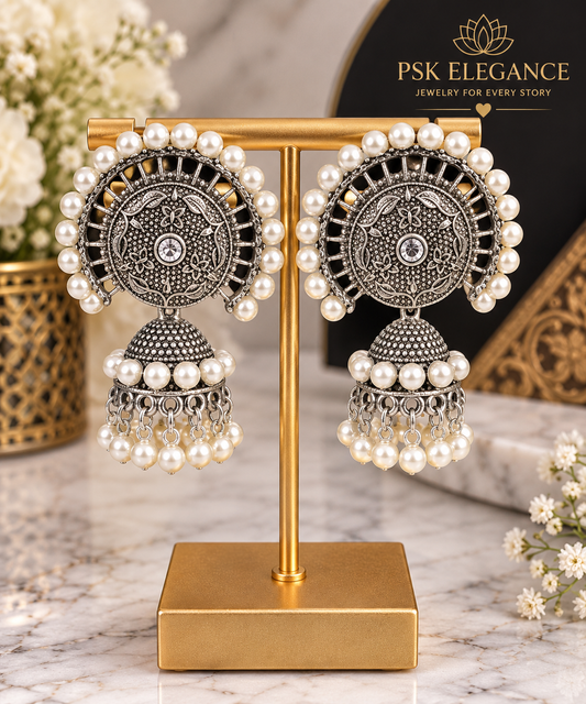 Oxidized Silver Pearl Jhumka Earrings