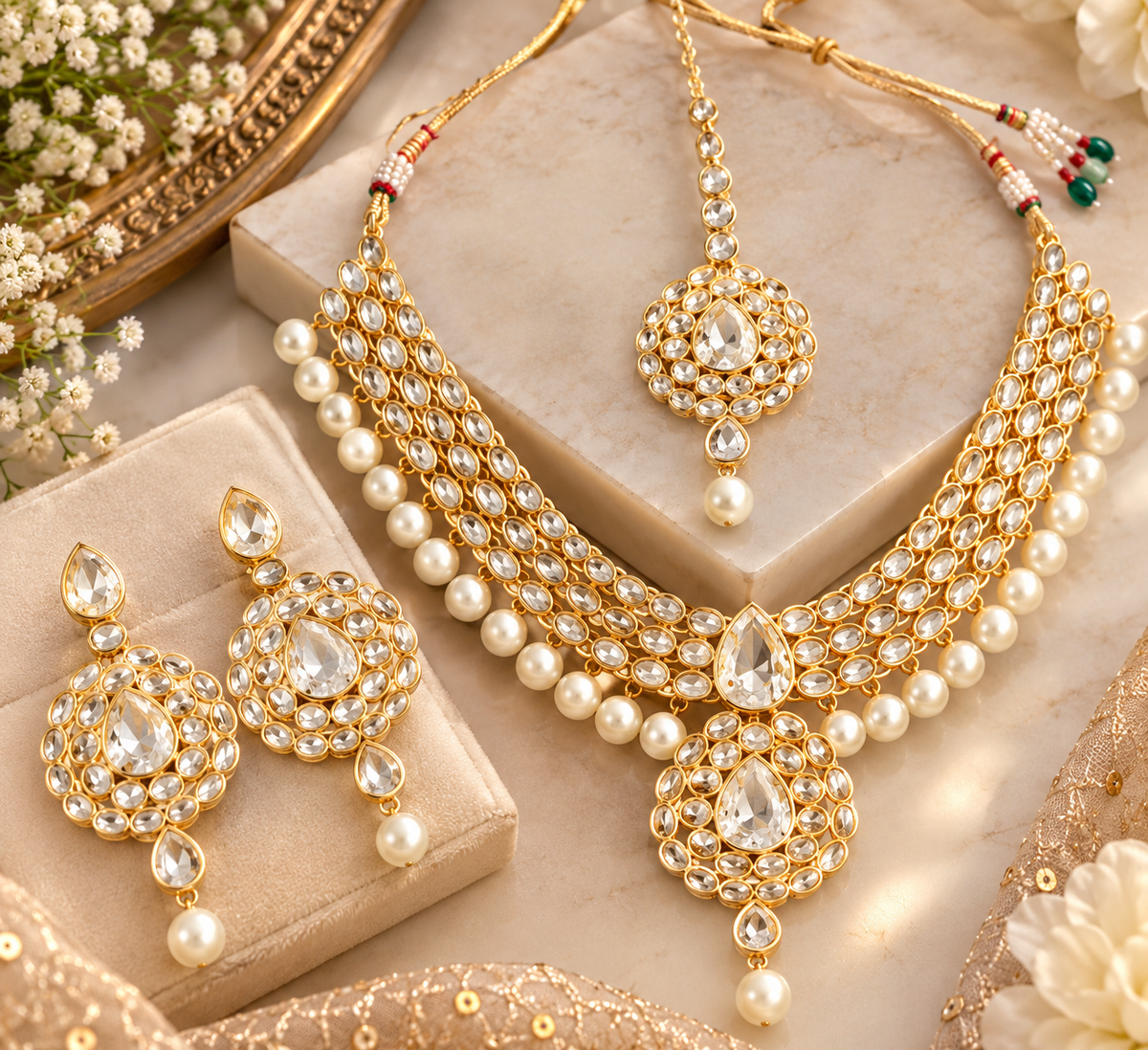Gold Kundan-Style Pearl Necklace Set with Matching Earrings & Maang Tikka