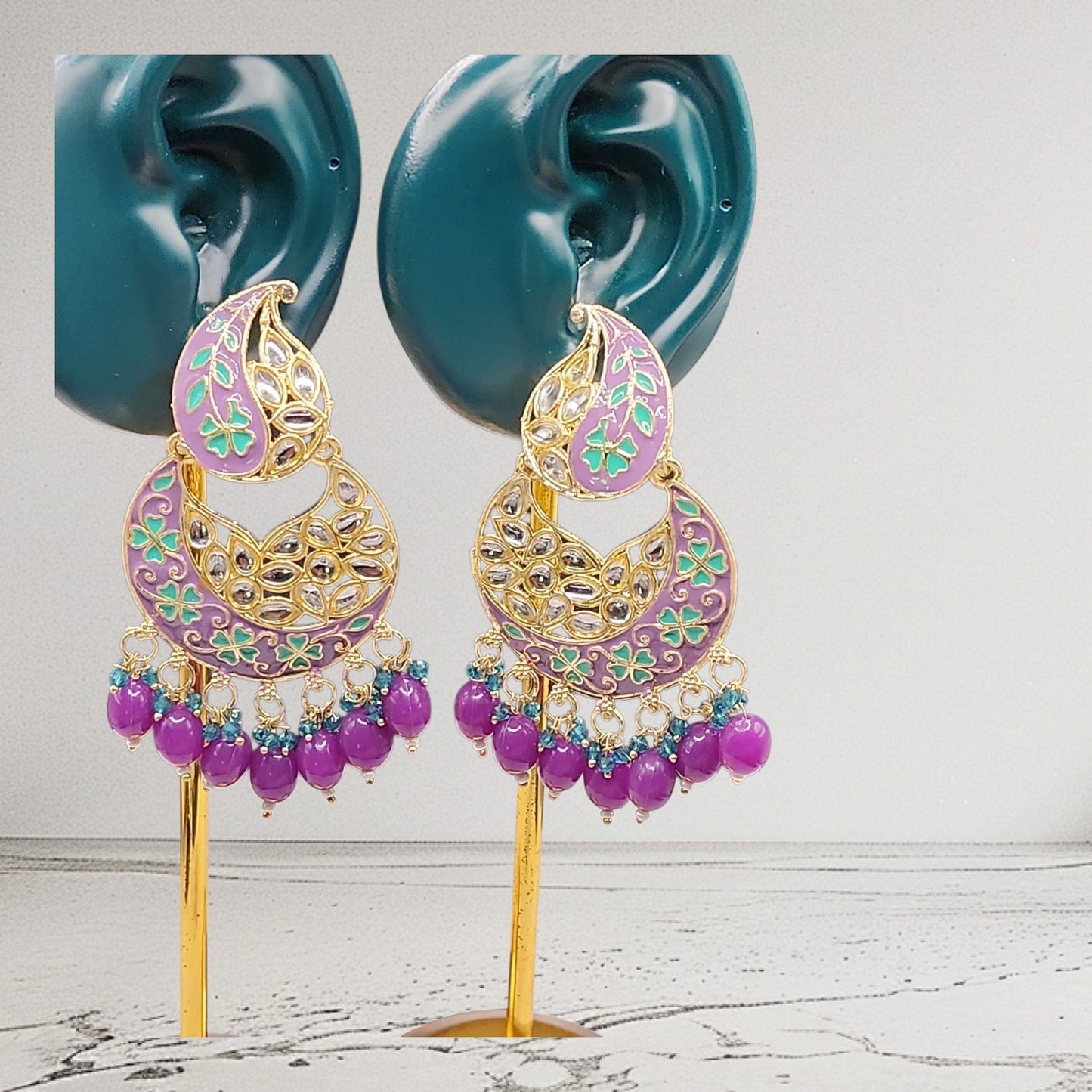 Lavender Paisley Kundan Chandbali Earrings | Purple Bead Indian Statement Earrings